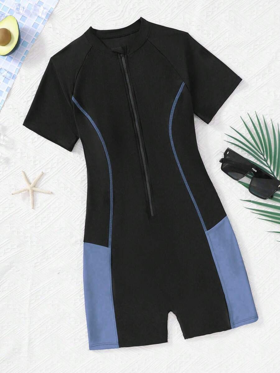 SHEIN Einteiliger Badeanzug für Teenager Mädchen mit gestrickter Einsatz-Platzierung und Kontrastfarbe - Blau - Übersicht 1