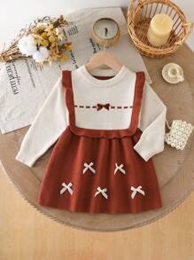 SHEIN Baby Girls' Bowknot Ruffle Hem 2 In 1 Knit Dress/Sweater, Autumn/Winter Brown Baby Girl Dress Vintage Style Fall - Beige - View 7