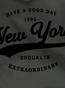 SHEIN Leap Crew Áo nỉ rộng rãi in chữ New York, kiểu dáng giản dị và tối giản dành cho nữ sinh tuổi teen, dày dặn và ấm áp cho mùa thu/đông, nữ sinh, nữ sinh trở lại trường, áo nỉ in hình màu xám, mùa thu - Màu xám đen - Xem 4