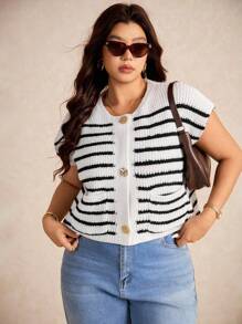SHEIN Elaquor Cárdigan de punto grueso de ajuste holgado con botones metálicos, patrón de rayas, minimalista y versátil, para talla grande, otoño - Blanco y Negro - Ver 6