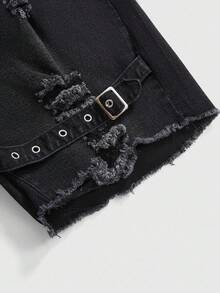 ROMWE Grunge Punk Plus Size Women's Pocketed Distressed Adjustable Buckle Design Casual Denim Shorts - Dark Grey - View 2
