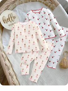 SHEIN 4pcs Newborn Infant Casual Cartoon Pattern Long Sleeve T-Shirt Set, Summer Baby Girl Clothes Cherry Baby Girl Ballerina Outfit Cherry Baby Outfit Baby Pajama Sets Baby Set Autumn Winter Season Graphic Fall