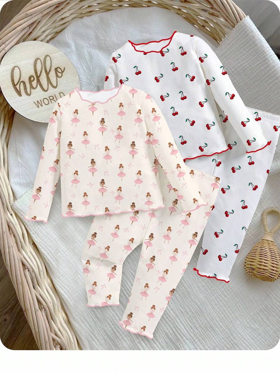 SHEIN 4pcs Newborn Infant Casual Cartoon Pattern Long Sleeve T-Shirt Set, Summer Baby Girl Clothes Cherry Baby Girl Ballerina Outfit Cherry Baby Outfit Baby Pajama Sets Baby Set Autumn Winter Season Graphic Fall