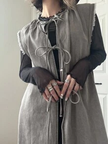 FRIFUL Blouse en denim décontractée et polyvalente pour femmes, avec col et ourlet en forme de nœud, de couleur gris clair, style ample et élégant