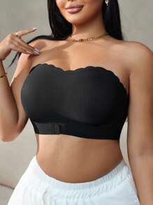 SHEIN 大码休闲舒适无缝纯色无钢圈无缝前扣工字背运动无肩带文胸