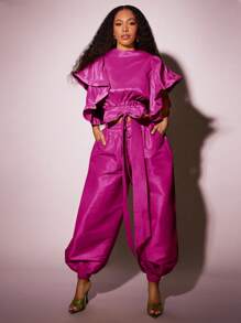 Vixey 抽绳腰部纯色塔夫绸慢跑裤，夏季、度假、波西米亚风、秋季女士，秋季、秋季、约会之夜女士，街头潮流女士