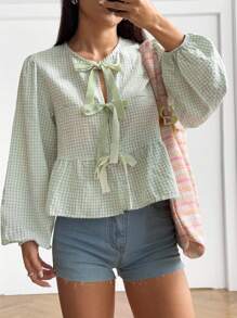 SHEIN EZwear 格子休闲简约大码衬衫 - 薄荷綠 - 查看 3