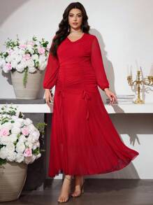 Modelyn Vestido elegante de diseño con cintura plisada de malla de punto para mujer de talla grande - Rojo - Ver 3
