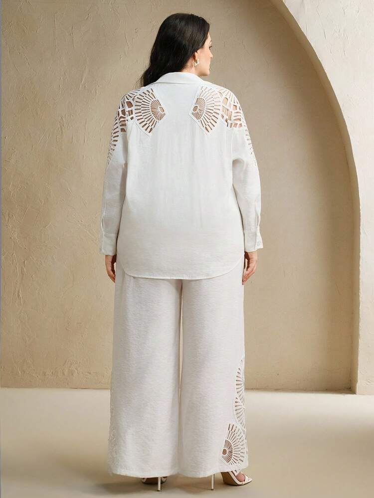 2pcs/Set Plus Size Women Casual Loose Elegant Hollow Out Outfit, Early Spring New Arrival