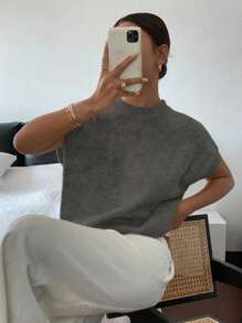 Siren Gaze 女士法式休闲无袖宽松针织衬衫，百搭日常穿着 - 深灰色 - 查看 4