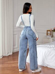 SHEIN ICON Women's Multi-Pocket Wide Leg Casual Denim Jumpsuit - Light Wash - View 2