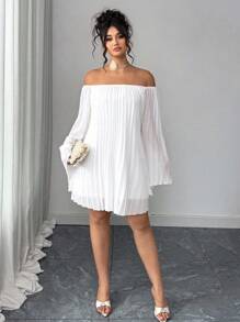 Elenzga 大码女式褶皱露肩宽松直筒连衣裙，休闲简约优雅，适合日常穿着，浪漫度假