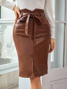 SHEIN Clasi 不對稱腰下擺開叉腰帶PU皮革半身裙 - 鏽棕色 - 查看 1