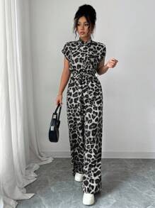 Rafferiza Women's Elegant Stand Collar Open Front Short Sleeve Cinched Waist Wide Leg Jumpsuit Clothes For University - Grey - View 5