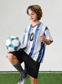 JNSQ 返校青少年男孩户外运动球衣 T 恤和短裤套装，儿童 V 领趣味字母和数字印花专业户外运动制服套装