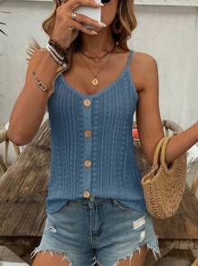 SHEIN LUNE Áo ba lỗ cài nút họa tiết jacquard khoét rỗng phong cách Bohemian thời trang nữ - Màu xanh lam - Xem 6