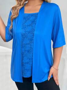 Plus Size Solid Color Short Sleeve Simple T-Shirt, Casual Daily Wear, For Summer - Blue - View 1