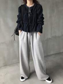 FRIFUL 女式荷叶边系带休闲牛仔衬衫 - 黑色 - 查看 7