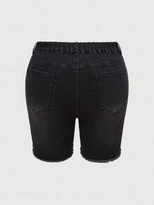 ROMWE Grunge Punk Plus Size Women's Pocketed Distressed Adjustable Buckle Design Casual Denim Shorts - Dark Grey - View 4