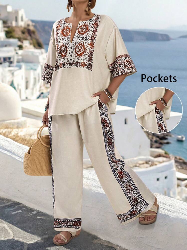 2 Pieces Set Women Plus Size Summer Floral Print V Neck Short Sleeve Top And Pants Set, Summer Holiday, Vacation Outfits Women, Simple And Fashionable For Everyday Wear, Vacay Vibes, Springbreak, Casual Wear, Boho Clothes