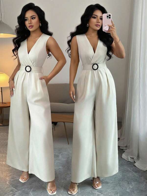 Islaluna High-End Versatile Solid Color Textured Material Cross-Over V-Neck Sleeveless Casual Pants With Round Buckle Belt, New Summer Apricot High-Waisted Wide Leg Loose Slim Jumpsuit For Women