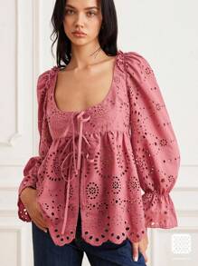 GENKIRA New Autumn Heavy Embroidery Beer Festival Brick Red Embroidery Deep Round Square Collar Tie Long Sleeve Shirt Fall Cloth For Women - Dusty Pink - View 6