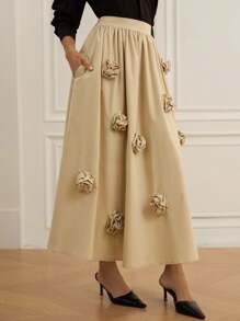 Aveloria 法式复古松紧腰3D花卉装饰A字中长裙 - 卡其色 - 查看 5