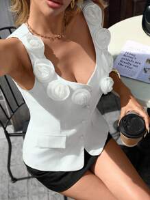 SHEIN LUNE Áo ba lỗ đơn hàng khuy họa tiết hoa 3D trơn màu dành cho nữ, thanh lịch - trắng - Xem 3