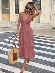SHEIN Frenchy Váy dài vừa phải xẻ tà xẻ tà màu trơn dành cho nữ, đi nghỉ - Gỗ đỏ - Xem 4