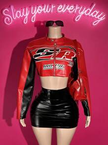 Slaydiva 秋冬休闲街头摩托车风格圆领长袖超剪裁PU女式赛车短款夹克