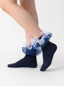 ROMWE Women's Mid-Calf Socks With Ruffle Trim, Double Lace Edging - Navy Blue - View 1
