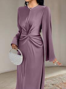 Veilorie Women Elegant Solid Color Twist Waist Flare Sleeve Arabic Style Dress, Autumn Long Evening Dresses, Modest