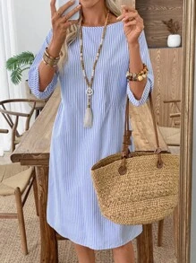 EMERY ROSE Váy cổ tròn sọc thường ngày mùa hè cho nữ Váy thường ngày cho nữ Váy đi nghỉ cho nữ Váy cổ tròn sọc thường ngày mùa hè cho nữ Váy đi nghỉ mùa hè cho nữ, Quần áo Boho cho nữ - Xanh và trắng - Xem 4