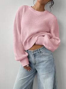 SHEIN BASICS Women's Solid Color Round Neck Loose Casual Sweater In Fall/Winter - Pink - View 6