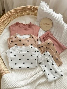 6pcs Baby Girl Baby Girl Heart Pattern Ruffle Trim Round Neck Short Sleeve Soft Pajama Set - Multicolor - View 6