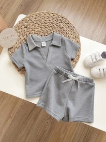 Baby Boy Casual Solid Color Knit Short Sleeve V-Neck Polo Shirt And Shorts Set - Light Grey - View 5