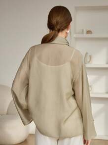 DAZY Women's Elegant Sage Green Long Sleeve Blouse,Loose Business Casual Flowy Collar Office Work Wear,Autumn Tea Party Commute Clothes For Spring & Summer - Champagne - View 3