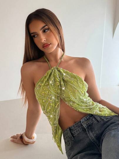 Aloruh Blusa de verano con escote halter, espalda descubierta, bordado floral 3D, flecos y abertura en el bajo en color verde