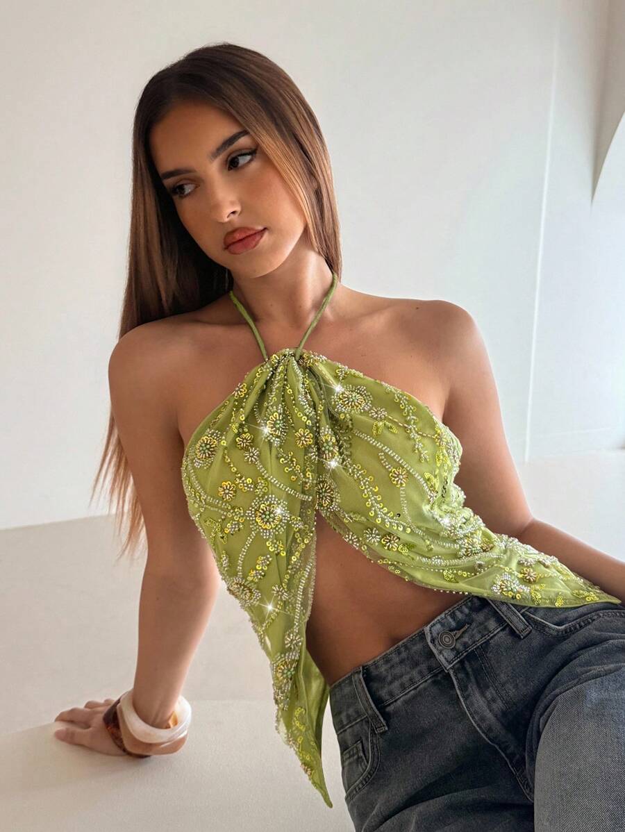 Aloruh Women's Spring & Summer Vacation Beaded Embroidered 3D Floral Slit Tasseled Hem Halter Backless Top Green - Green - View 1