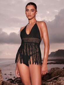 Opulessa 镂空流苏边饰绑带露背露背沙滩罩衫 - 黑色 - 查看 3