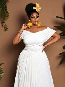 SHEIN Tall CURVE Váy ôm sát cơ thể cổ chữ V dáng chữ A tối giản thanh lịch dành cho nữ, chi tiết xếp nếp, màu mơ, thích hợp cho bữa sáng muộn, sinh nhật, kỳ nghỉ xuân/hè/thu hoặc hẹn hò - trắng - Xem 5