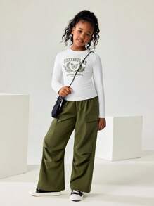 JNSQ Tween Girls 2pcs Outfit Set, Long Sleeve T-Shirt With Graphic Print And Relaxed Fit Cargo Pants, Suitable For Autumn/Winter Daily Wear, Outdoor Activities, Vacation, Streetwear, Party And Casual - Multicolor - View 4