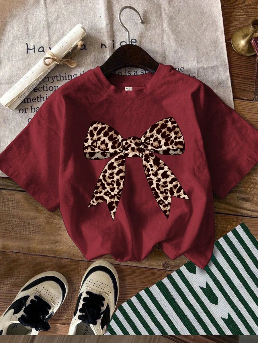 SHEIN Young Girl Casual Print Short Sleeve T-Shirt, Suitable For Summer - Burgundy - View 1