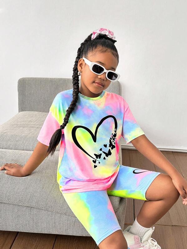 2 buc/set Tween Girl Casual Minimalist imprimeu inimă Top cu mânecă scurtă și ținută pantaloni scurți, potrivit pentru vară
