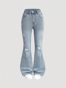 Sparklyn Quần jeans ống loe giặt họa tiết thêu bướm cổ điển cho bé gái, thiết kế ôm sát, ống quần dài, quần ống loe co giãn - Rửa nhẹ - Xem 6