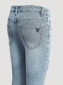 Sparklyn Quần jeans ống loe giặt họa tiết thêu bướm cổ điển cho bé gái, thiết kế ôm sát, ống quần dài, quần ống loe co giãn - Rửa nhẹ - Xem 7