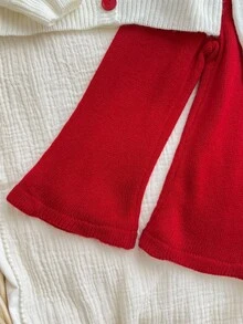 SHEIN Baby Girl Casual Everyday Cute Christmas Party Strawberry Pattern Drop Shoulder Loose Cardigan And Flare Knit Pants Set, Autumn/Winter - White - View 7