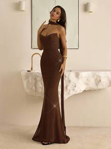 Vowa Vestido ajustado de estilo griego vintage con cintura plisada y cuello con volantes, adecuado para el té de la tarde, fiestas de cócteles, eventos de negocios, bodas y otras ocasiones - Rojo - Ver 6