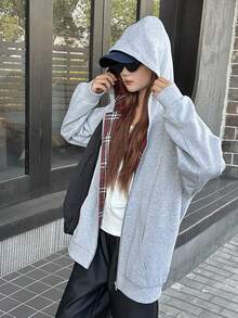 DAZY 少女宽松格子拼接卫衣，休闲宽松格子设计，秋季休闲风，宽松格子，秋季 - 灰色 - 查看 2