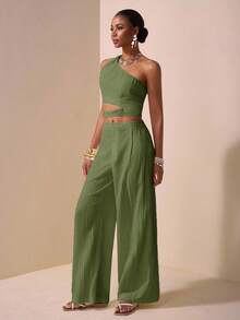 Zivah 2025春夏新款优雅度假休闲通勤母亲节婚礼季音乐节派对街头俱乐部白色纹理面料单肩扭纹细节腰部镂空上衣与阔腿长裤带口袋两件套 - 軍綠色 - 查看 3